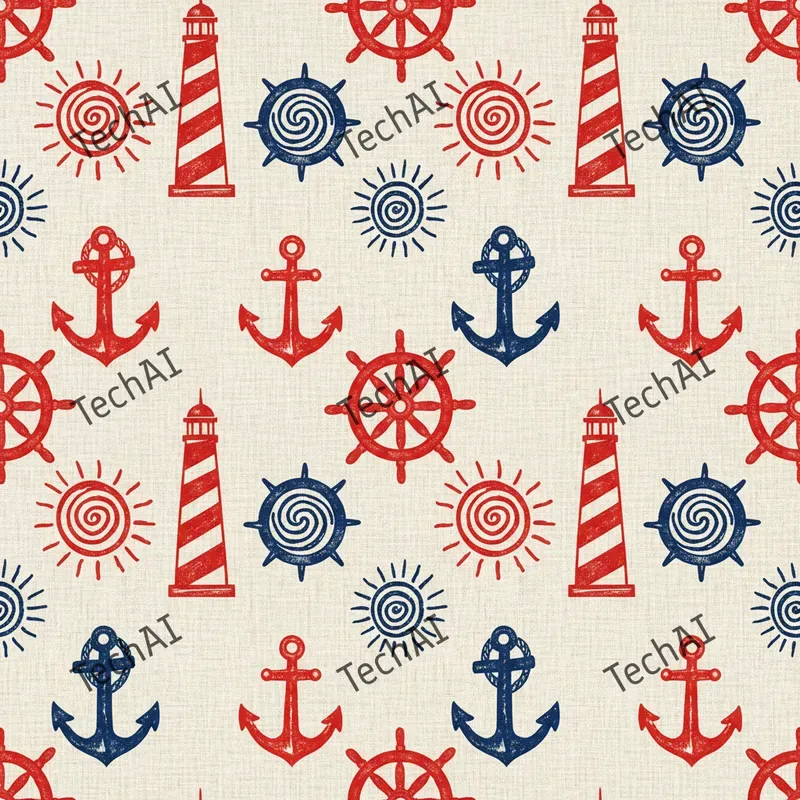 Nautical Red Blue Woodblock Patterns