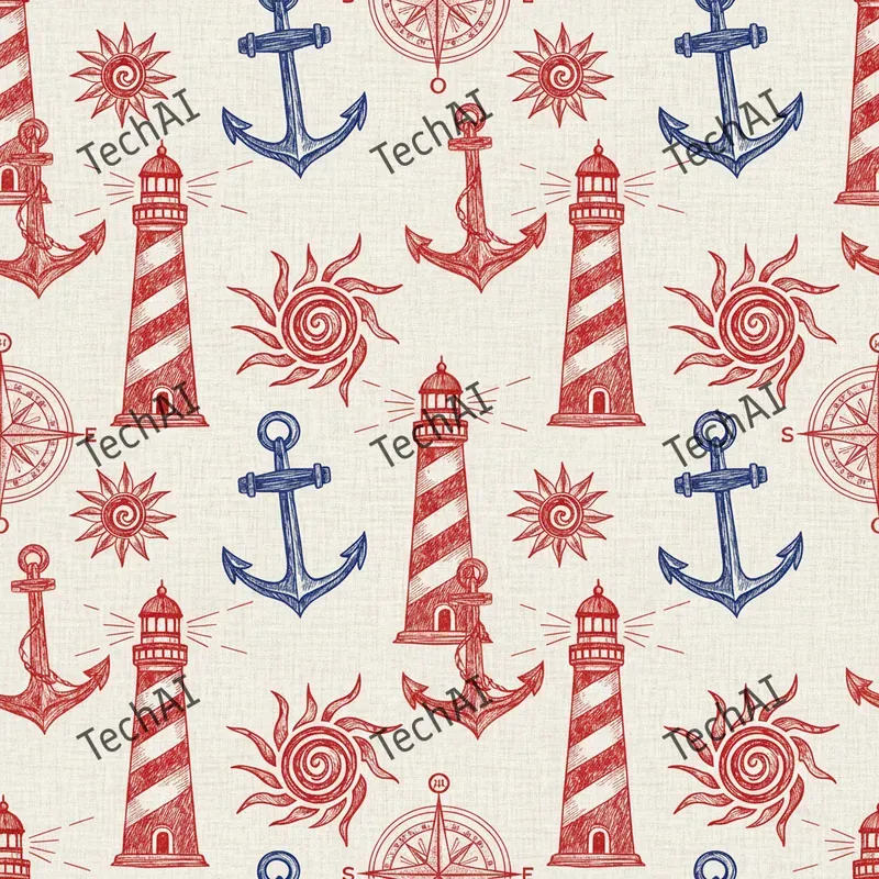 Nautical Red Blue Woodblock Patterns