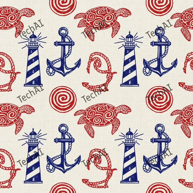 Nautical Red Blue Woodblock Patterns