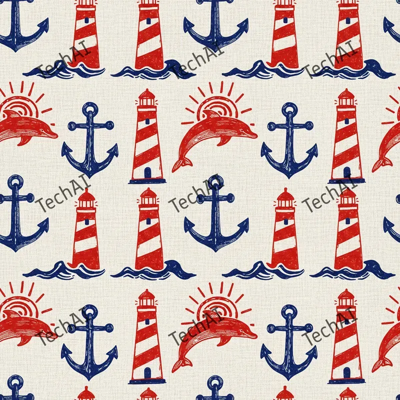 Nautical Red Blue Woodblock Patterns