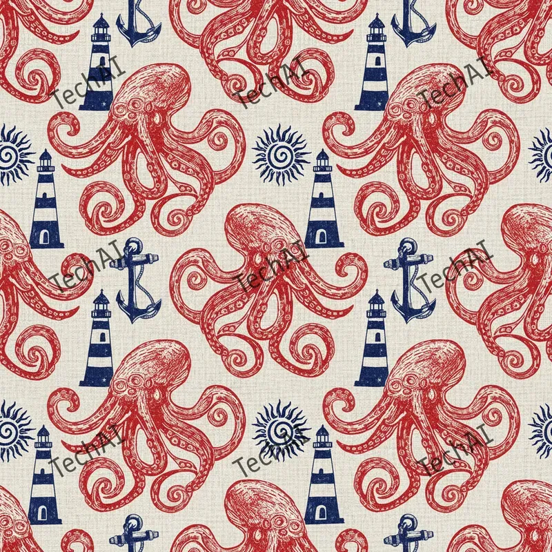 Nautical Red Blue Woodblock Patterns