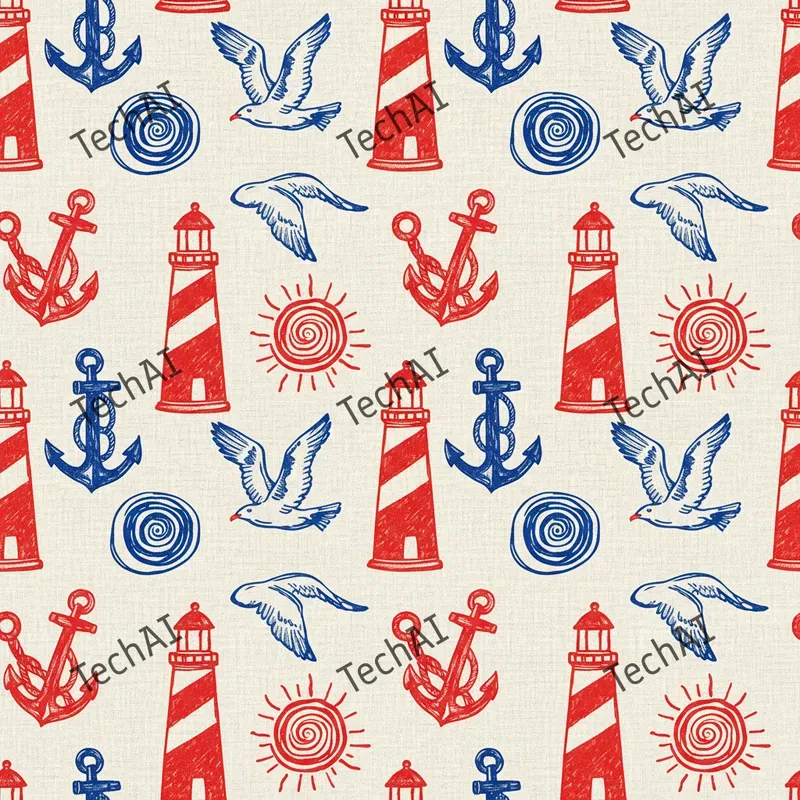 Nautical Red Blue Woodblock Patterns