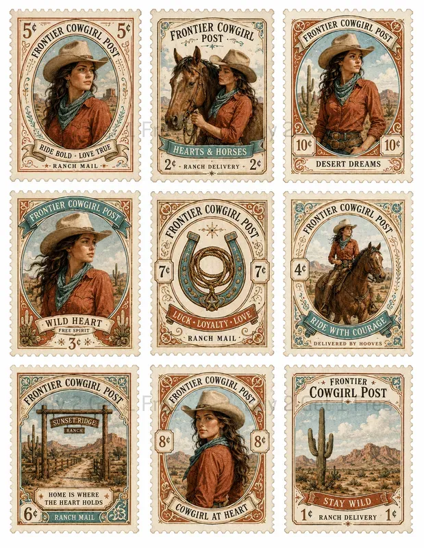 Cowgirl Postage Stamp Ephemera Sheets