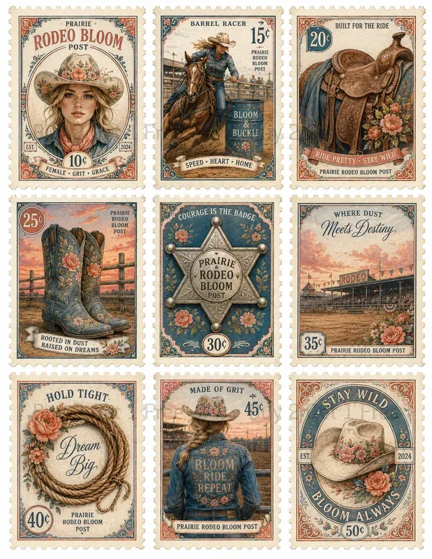 Cowgirl Postage Stamp Ephemera Sheets