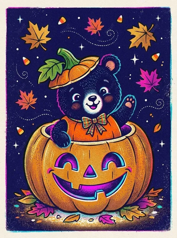 Retro Risograph Halloween Animal Art