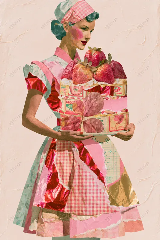 Strawberry Gingham Collage Art