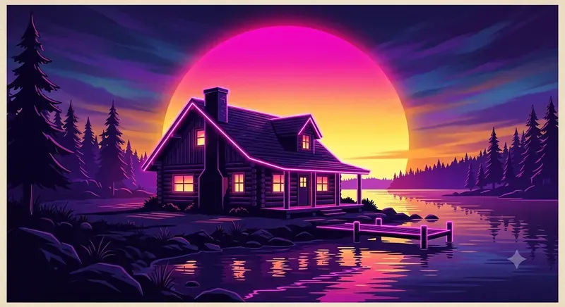 Synthwave Neon Outline Retro Sunset Art