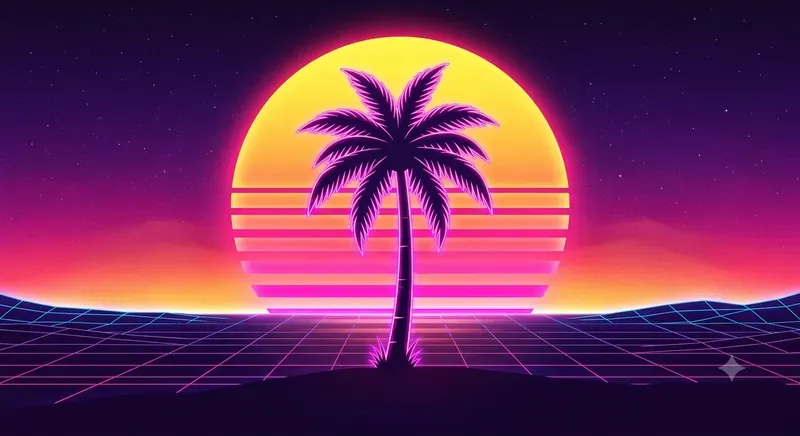 Synthwave Neon Outline Retro Sunset Art