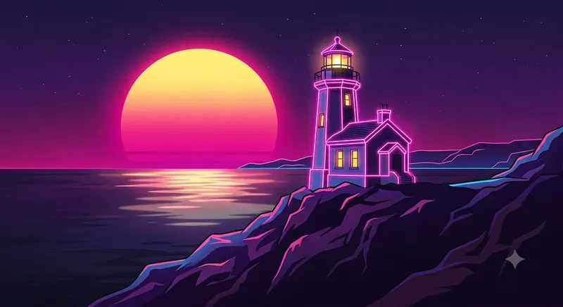 Synthwave Neon Outline Retro Sunset Art