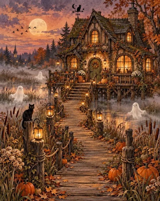 Cozy Halloween Cottage Wall Art