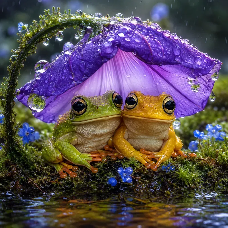 Whimsical Rainy Frog Couples