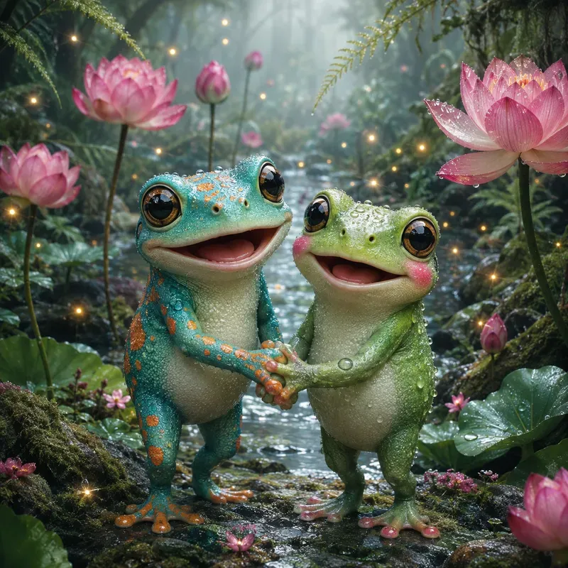 Whimsical Rainy Frog Couples