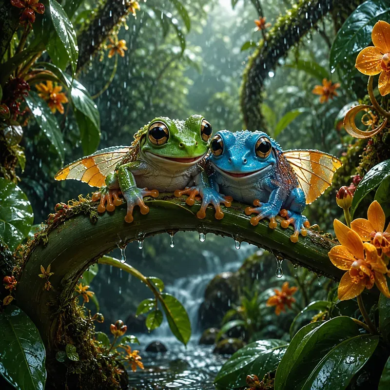 Whimsical Rainy Frog Couples