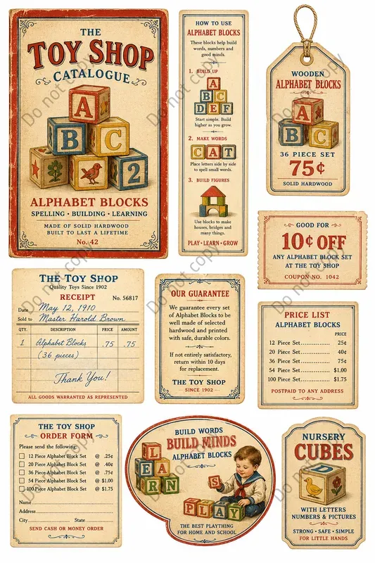 Vintage Toy Shop Ephemera Sheets