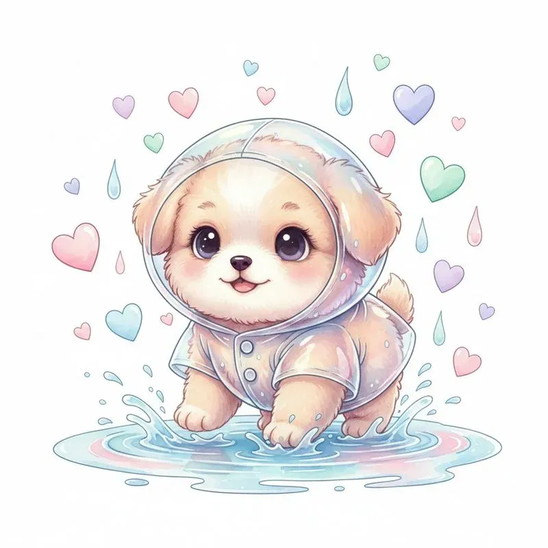 Cute Pastel Baby Animals In Rainy Love