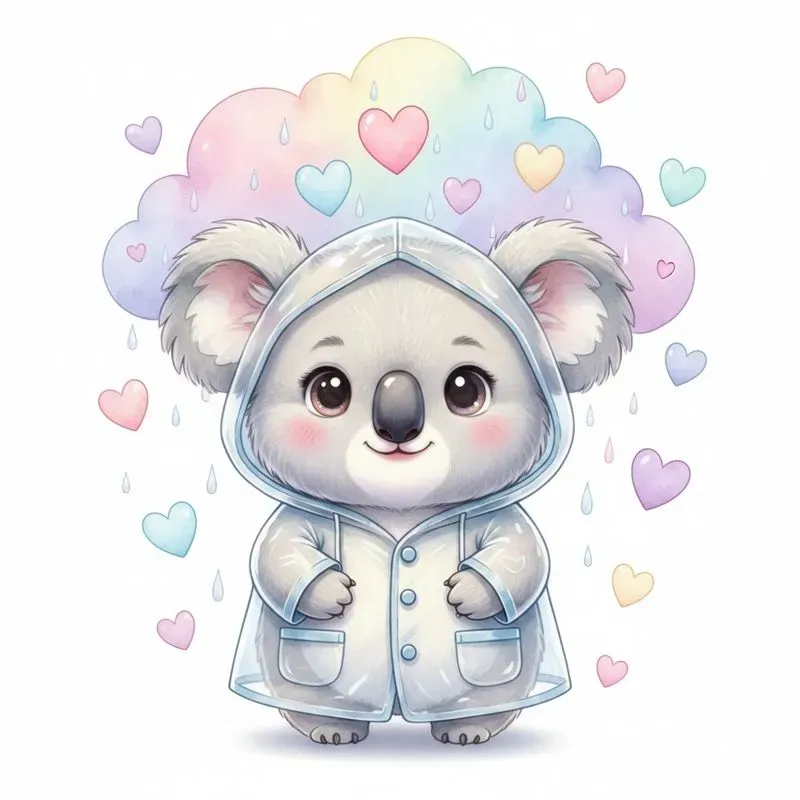 Cute Pastel Baby Animals In Rainy Love
