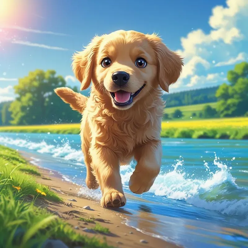 Joyful Anime Animals Running By The Water