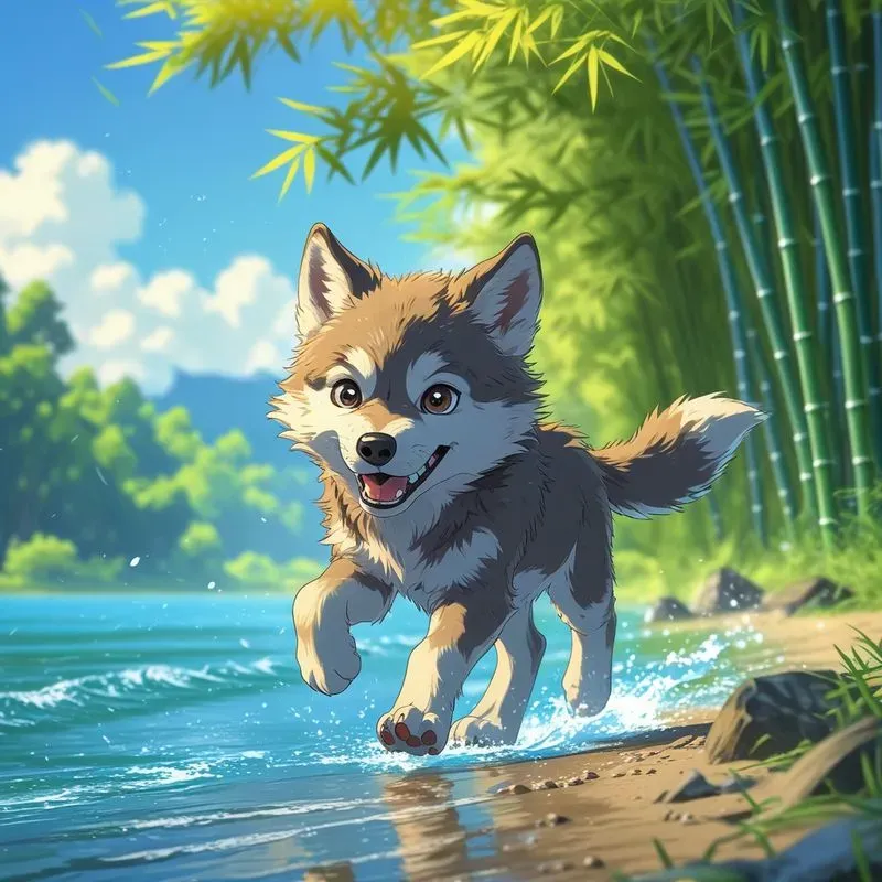 Joyful Anime Animals Running By The Water