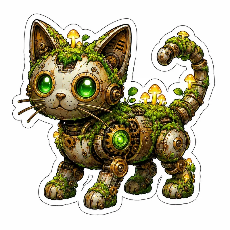 Biophilic Steampunk Mossbot Stickers