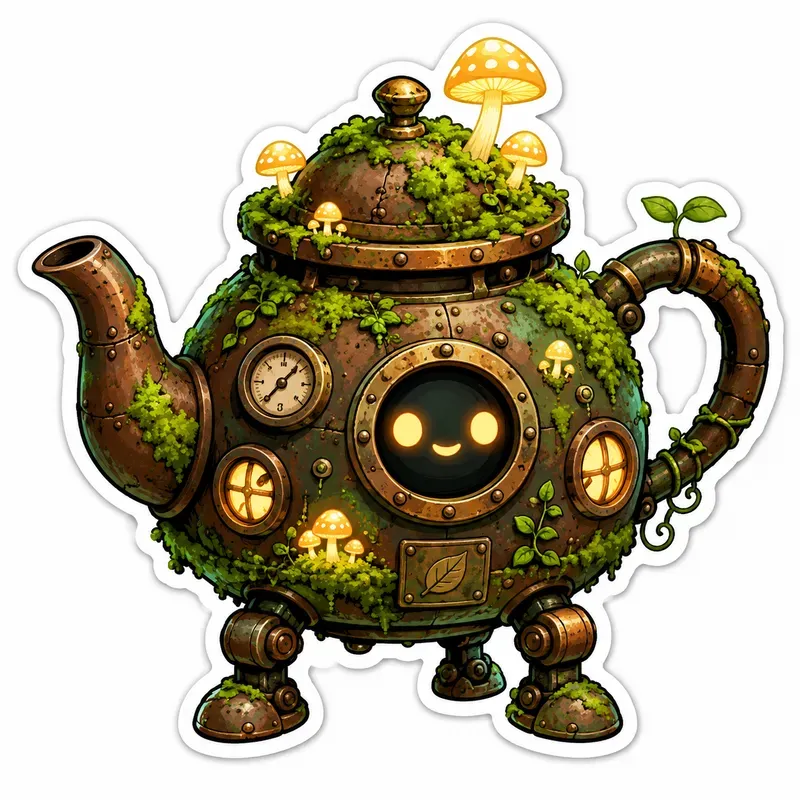 Biophilic Steampunk Mossbot Stickers