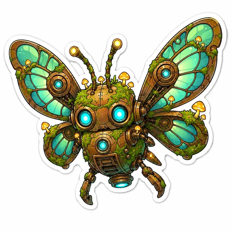 Biophilic Steampunk Mossbot Stickers