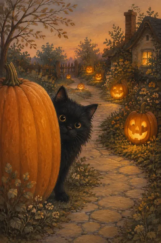Cozy Black Cat Pumpkin Lanterns