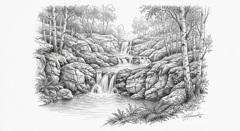 Realistic Waterfall Pencil Sketches