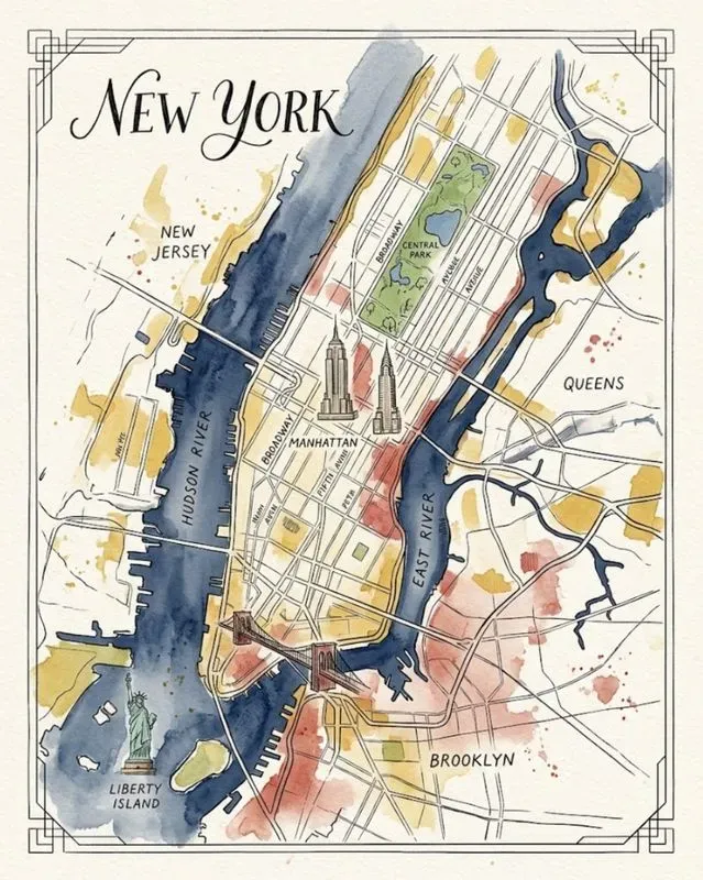 Watercolor Ink Illustrated City Maps