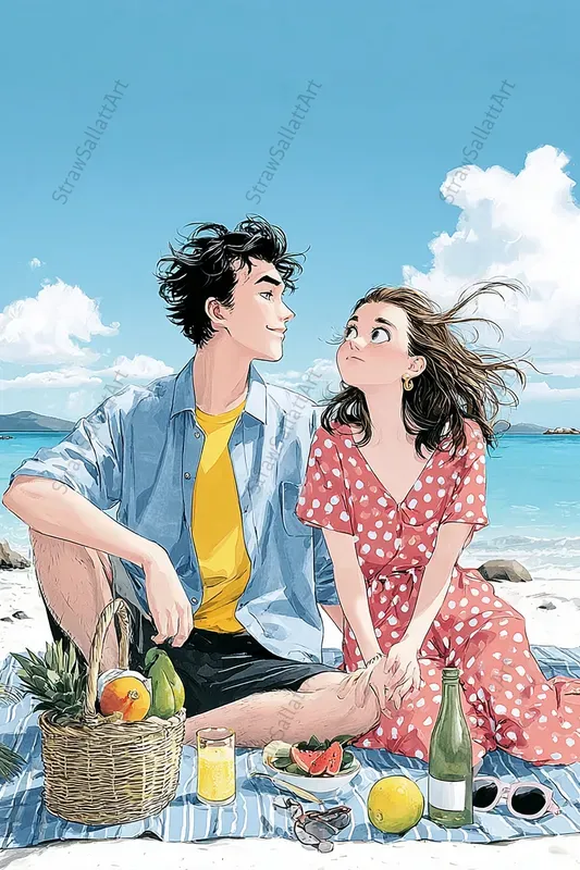 Holiday Couple Anime Beach Illustrations