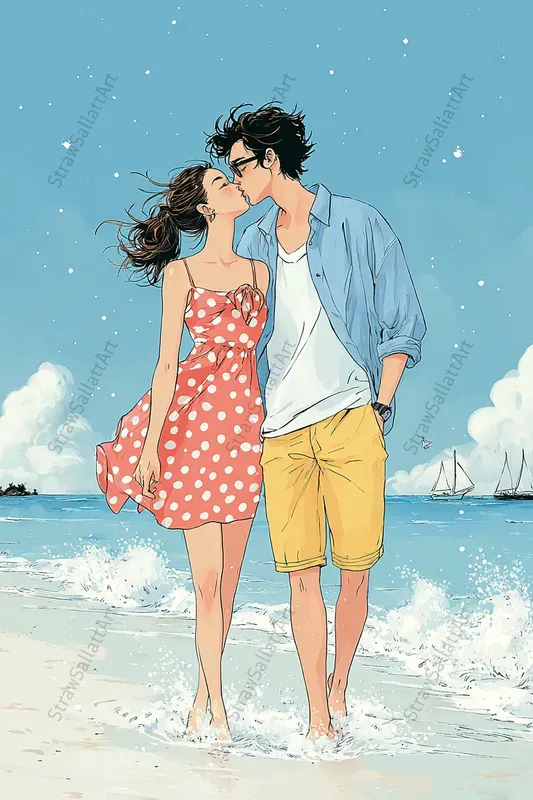 Holiday Couple Anime Beach Illustrations