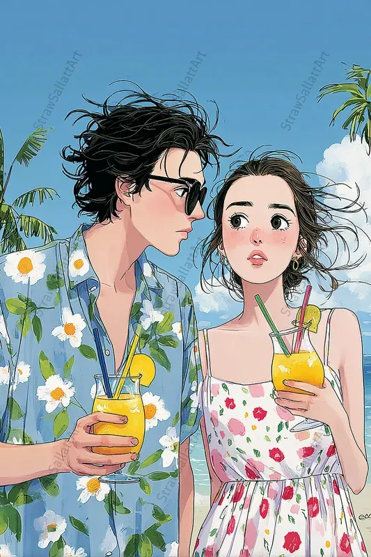 Holiday Couple Anime Beach Illustrations