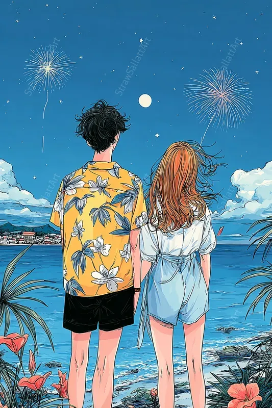 Holiday Couple Anime Beach Illustrations