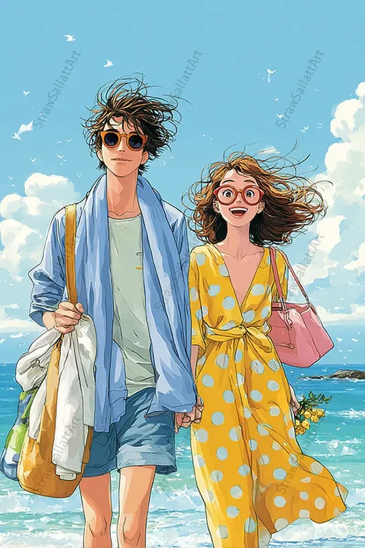 Holiday Couple Anime Beach Illustrations