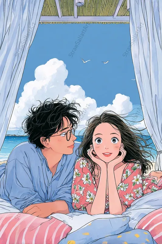 Holiday Couple Anime Beach Illustrations