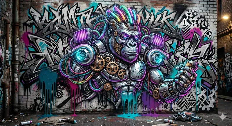 Biomechanical Neon Graffiti Poster Art