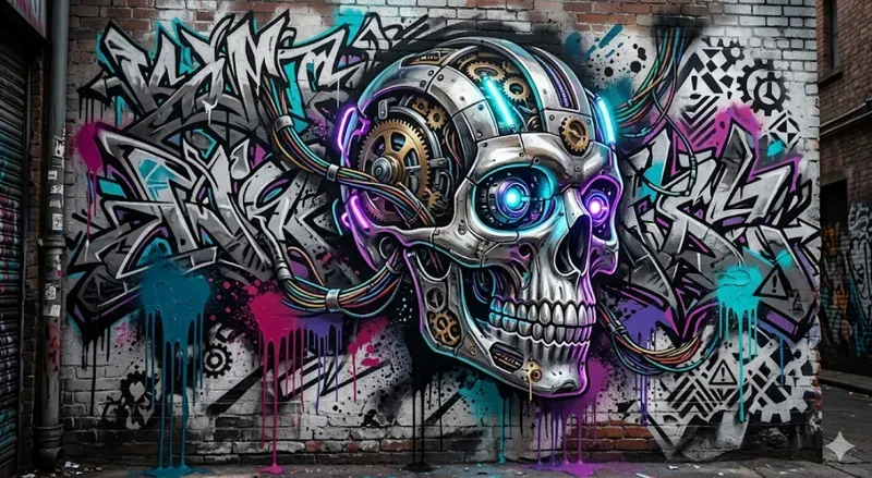 Biomechanical Neon Graffiti Poster Art