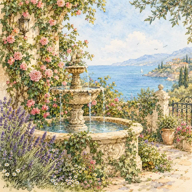 Watercolor Coastal Garden Scenes