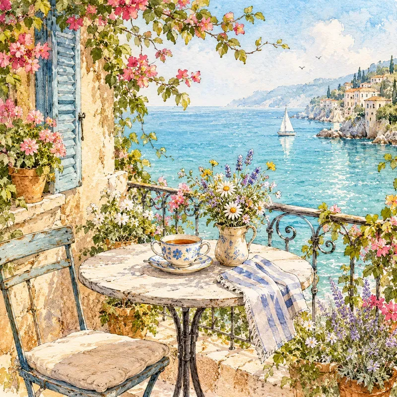 Watercolor Coastal Garden Scenes