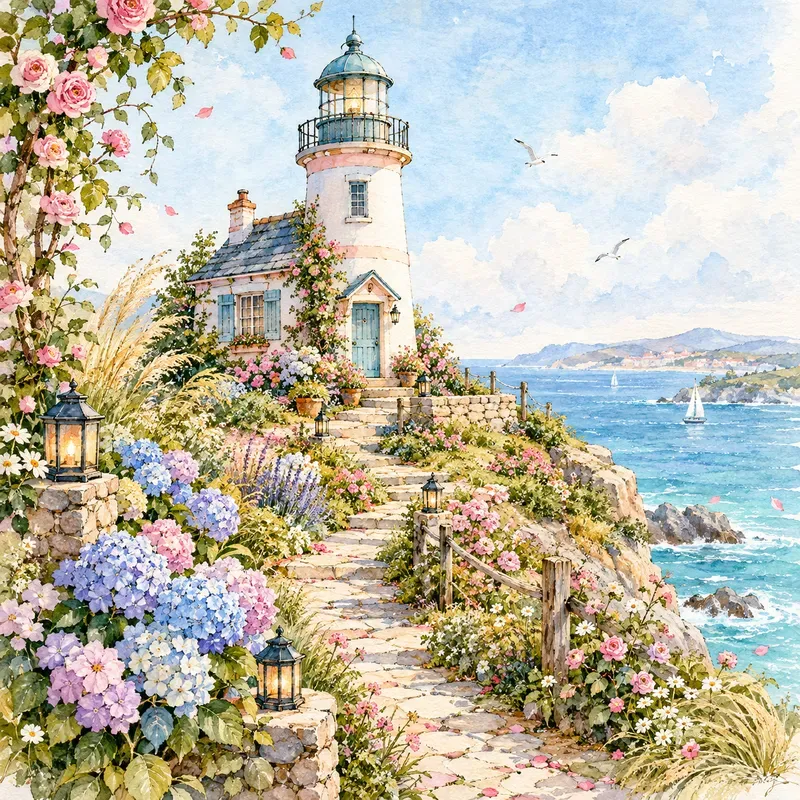 Watercolor Coastal Garden Scenes