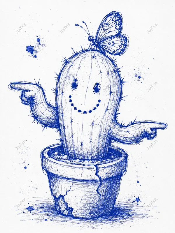 Handdrawn Wobbly Blue Ink Folk Art