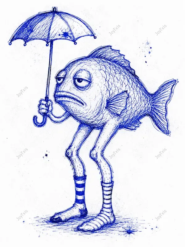 Handdrawn Wobbly Blue Ink Folk Art