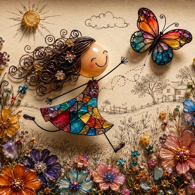 Whimsical 3D Wire Glass Mosaic Art