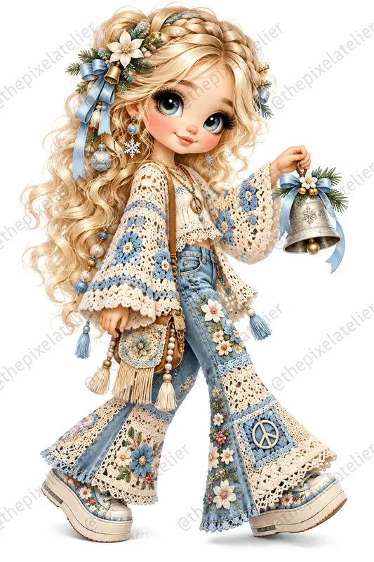 Retro Hippie Christmas Girls Clipart