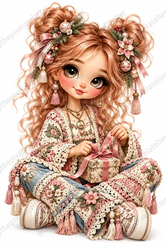 Retro Hippie Christmas Girls Clipart