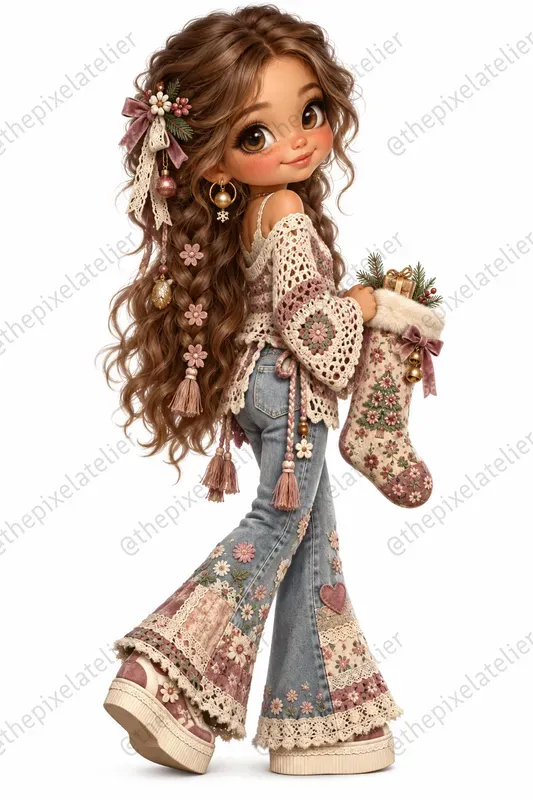 Retro Hippie Christmas Girls Clipart