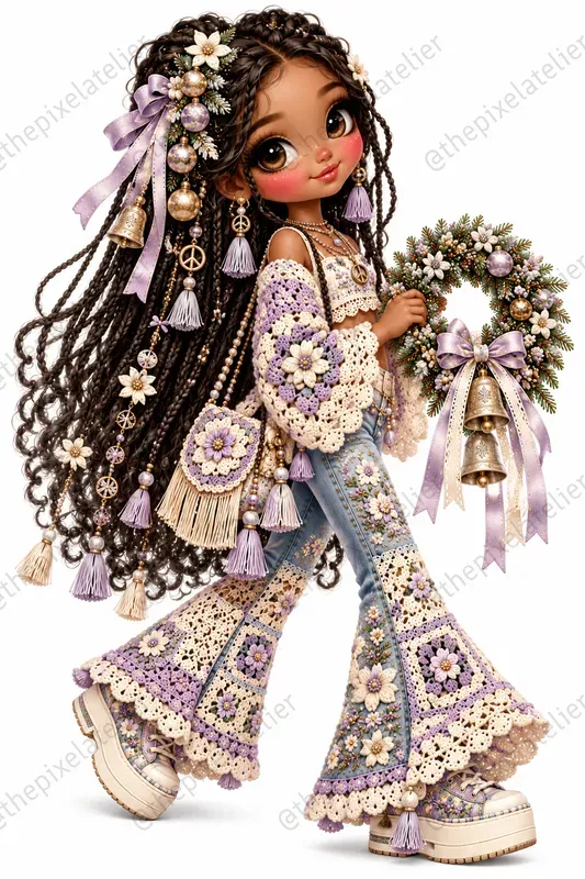 Retro Hippie Christmas Girls Clipart