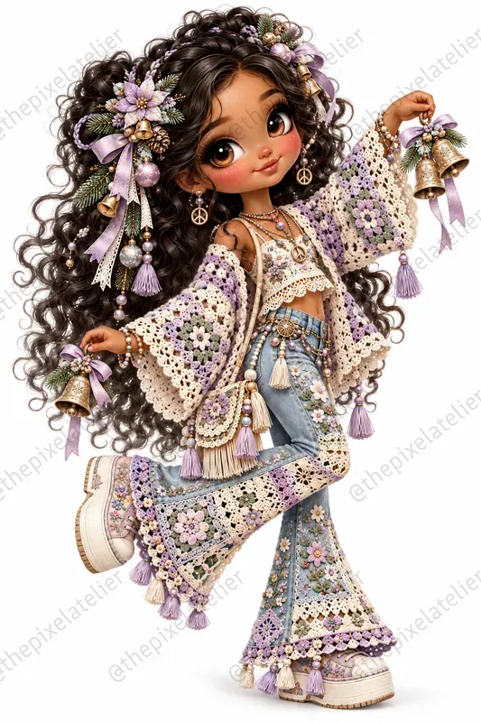 Retro Hippie Christmas Girls Clipart