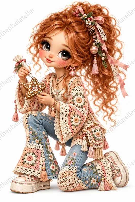 Retro Hippie Christmas Girls Clipart