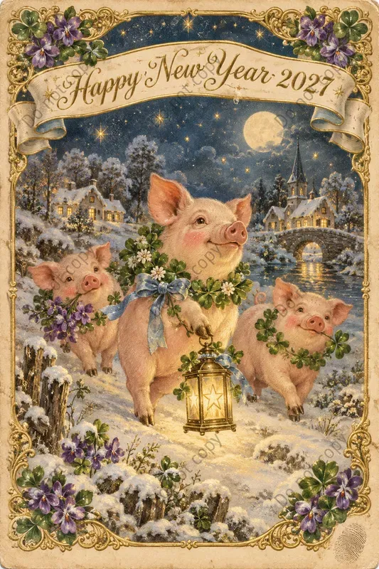 New Year Greeting Postcard Art