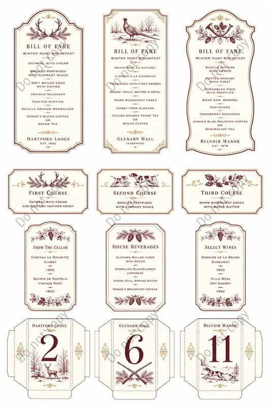 Bill Of Fare Card Sheets